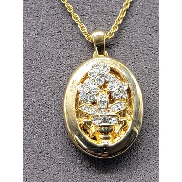 14kgp Crystal Double Locket Pendant Necklace Floral Vase Design Gold Plated 18" - Picture 6 of 12